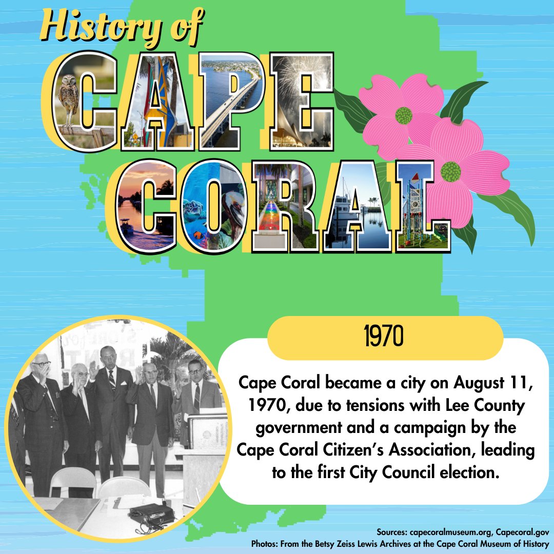 CapeCoral's tweet photo. ๐๏ธ๐ Cape Coral became a city through incorporation on August 11, 1970, marking a pivotal moment in our history! Despite challenges, residents voted for local control, shaping our vibrant community today. ๐ #CapeCoralHistory #IncorporationDay ๐๏ธ๐๏ธ https://t.co/riIWDKm27w