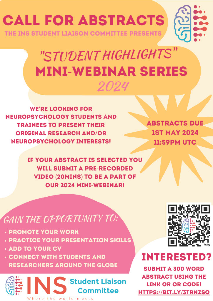 🧠 Call for Abstracts: INS-SLC Mini-Webinar Series 2024! Open for INS In-Training Members worldwide to share their research & interests! Submit a 300-word abstract by May 1, 2024, 11:59 PM UTC. Details & submission: bit.ly/3TRNzso #Neuropsychology #Research