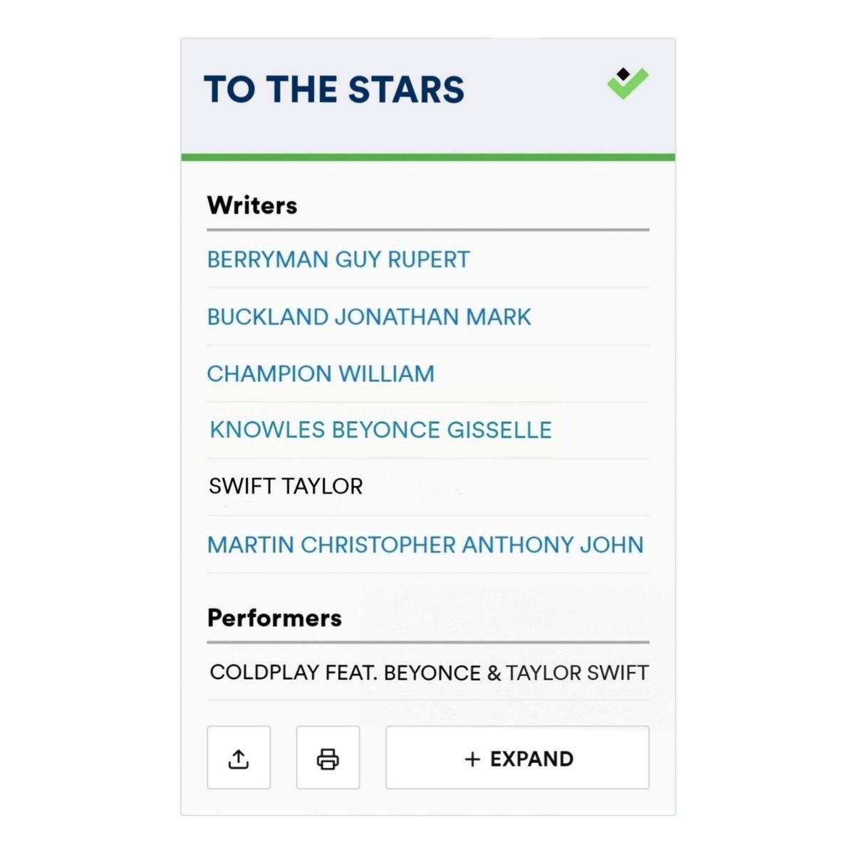 humanheart___'s tweet photo. 🚨🚨 Coldplay have registered a new song on ASCAP titled "To the stars" which features both Beyonce and Taylor swift!!!! https://t.co/d0ncmMbt8t