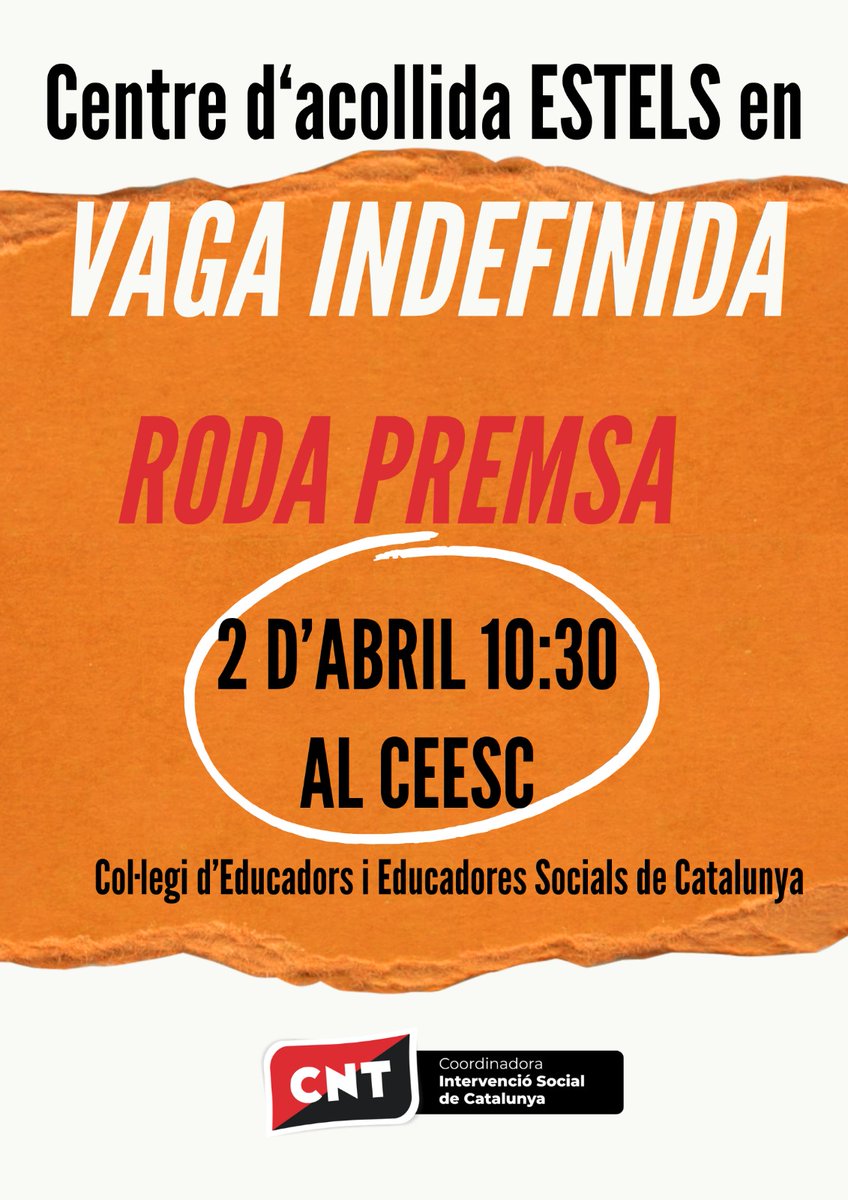 🔴Dimarts dia 2 d'abril iniciem la VAGA indefindia del Centre d’Acollida Estels. Us convidem també a la roda de premsa al <a href="/ceesc_cat/">ceesc_cat</a> on exposarem els motius i les demandes que tenim com a treballadores i secció sindical🔈

#CAEstelsEnLluita