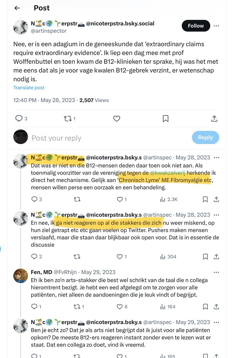Huisarts_Vink's tweet image. De voormalige voorzitter van de VtdK noemt mensen met “‘Chronisch Lyme’ ME Fibromyalgie”

 “stakkers die zich nu weer miskend, op hun ziel getrapt etc etc gaan voelen op Twitter.”

Lekkere voorzitter is dat

#OhDearOhDear #MEcvs 

#OpinionBasedMedicine