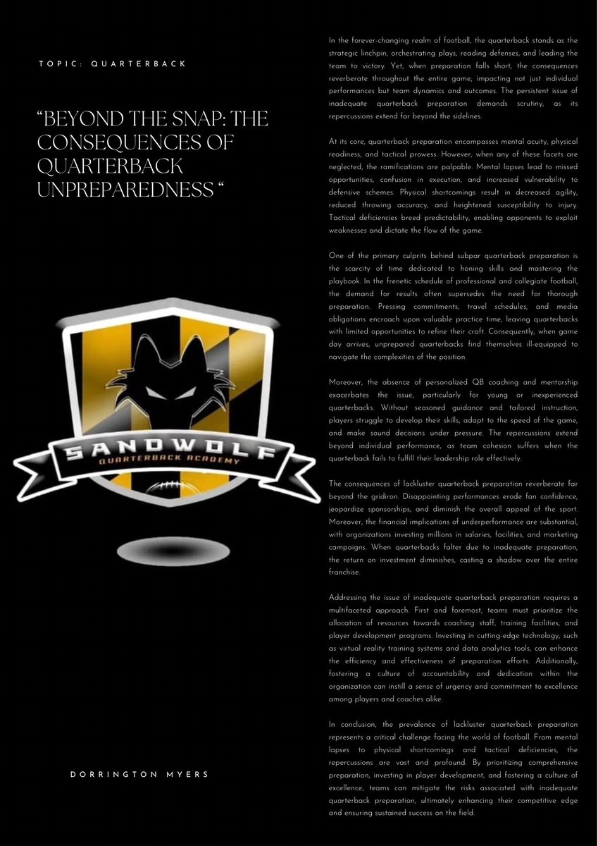Another issue that doesn’t get addressed is the depth at QB. The lack of preparation in the event that other signal callers go down due to an unforeseen injury is hurting franchises and universities more than ever. The game is constantly evolving.
