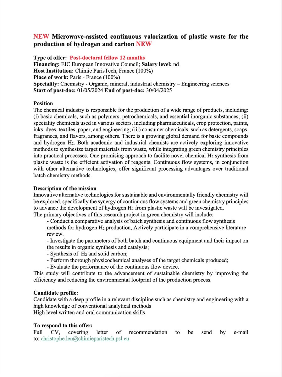 We are hiring Post-doc position (12 months) starting in May 2024 for plastic waste valorization in flow chemistry. Project funded by European Innovation Council Please RT