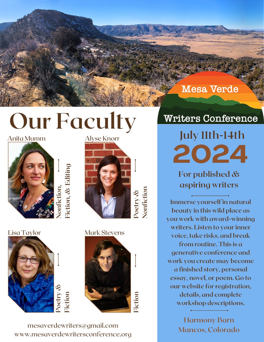 writerstevens's tweet photo. We still have 6 spots left for this summer's Mesa Verde Writers Conference. (Max 26 attendees.)
#writing #poetry #fiction #teaching #learning
#SWColorado
https://t.co/JlyPMeQicc https://t.co/CQHhoKweqv