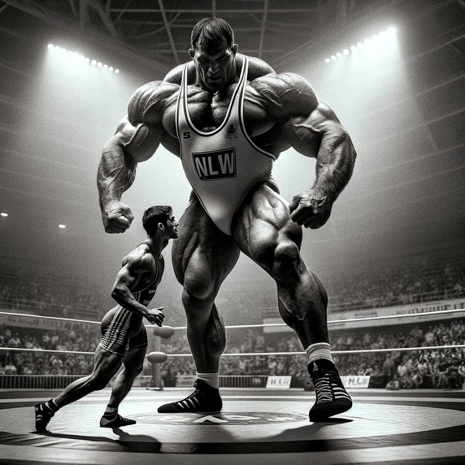 TheMaxSquash's tweet photo. When the small wrestler sees the giant stepping onto the mat, he starts imagining the upcoming wrestling match, all the horrifying ways it could unfold. He is overcome by a chilling and paralyzing fear of violence and painful death.

As the giant showcases his extremely muscular, granite-hard, and heavy thighs, the small wrestler imagines himself caught between those two barrel-like limbs. The giant wouldn't need to exert much force to flatten him like a mosquito under a mallet.

A helpless, paralyzing fear takes hold of him, and he doesn't even try to escape or resist.
