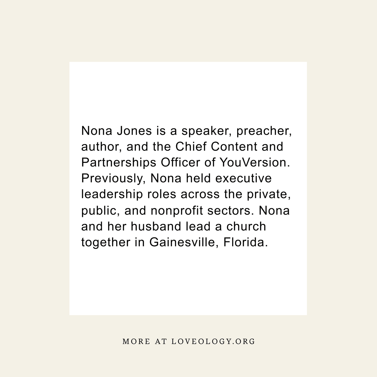 🌟 Meet our Loveology expert: Nona Jones! 🌟

Nona Jones is not just a speaker, preacher, and author, but also the Chief Content and Partnerships Officer of YouVersion. Nona brings a wealth of knowledge and insight to the table.