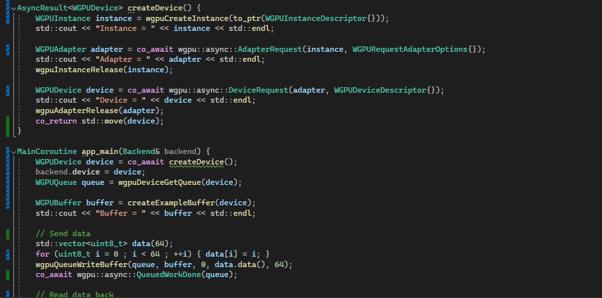 exppad's tweet image. Exploring how C++20 #coroutines can be used with the #WebGPU API, did anybody play with a similar setup already?
