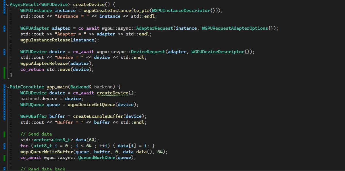 Exploring how C++20 #coroutines can be used with the #WebGPU API, did anybody play with a similar setup already?