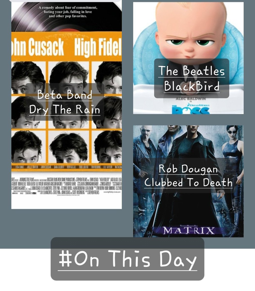 Playing now on @cragsradio it's #Onthisday and I have 3 tracks from Three #Films that were released on this day 1st up is The Beta Band with Dry The Rain then it's the Beatles with Blackbird ending with Rob Dougan with Clubbed to Death From #HighFidelty, #BossBaby and #TheMatrix.