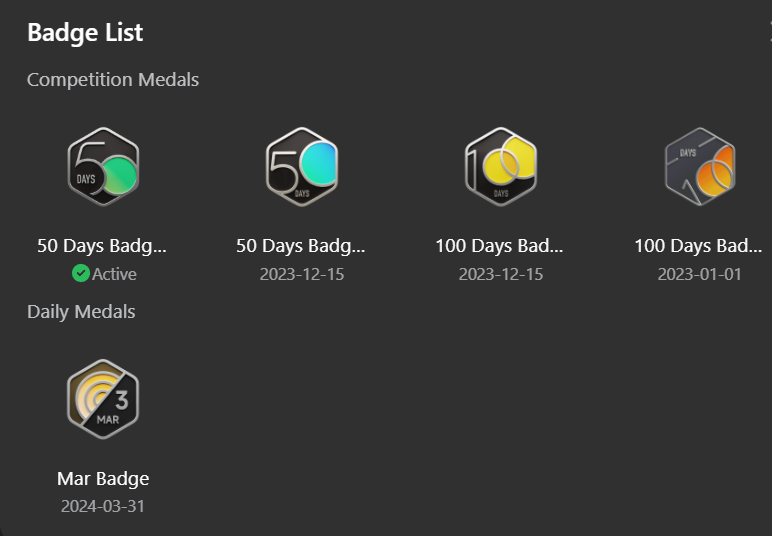 xnirajs's tweet photo. Day 95 of #100DaysOfCode               
- Solved LPOTD : 2444. Count Subarrays With Fixed Bounds 
- Attended leetcode weekly contest 
- Got  March leetcode Badge ( 90% own code ) 
it's my first badge for daily problem solving. https://t.co/EhKNKsIQi3