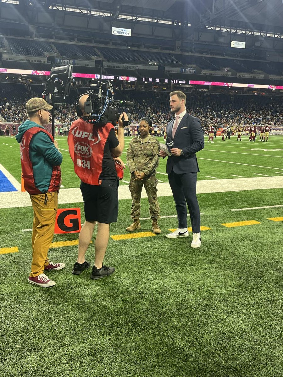 Sgt. Catherine Brooks represented the Michigan National Guard during a televised broadcast of the Michigan Panthers victory over the Battlehawks. Catherine recalled why she felt called to serve in her community and the opportunities the Michigan National Guard has afforded her.