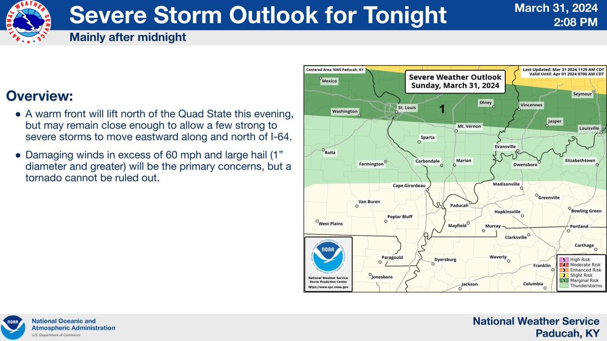 A few strong to severe storms with damaging winds and large hail will be possible along and north of I-64 tonight, mainly after midnight.
