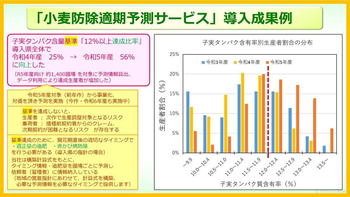 agri_light_lab's tweet photo. 予測情報のデータ利用成果がでました！ 
https://t.co/YYiKEWP6gI 

データ利用していただいたJA山口県からの報告で、 小麦の品質基準達成の生産者割合が、データ導入前「25％」からデータ利用後（昨年作（令和5年産））は「56％」に向上しました。  

＃小麦
＃せときらら
＃防除
＃追肥
＃衛星データ https://t.co/rZ6d5W48Bq