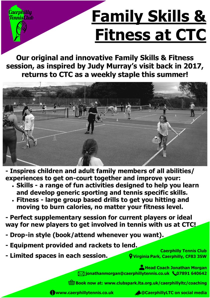 Our original Family Skills & Fitness session returns to #CTC as a weekly staple this summer! 👨‍👩‍👧‍👦🎯💪🎾🔙 📅Starts Saturday 13th April ⏰2pm-2:45pm + 15min free play 💳M £3.50 / NM £5 📲Open to all. Book at: clubspark.lta.org.uk/caerphillyltc/… 🔖Use “FAMILY24” to get 50% off first x2 sessions