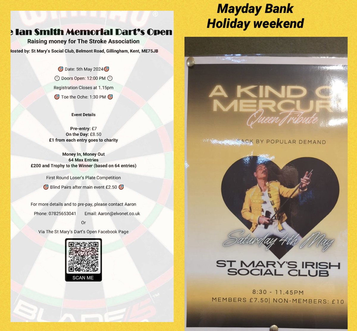 StMarysIrish's tweet photo. Mayday bank holiday weekend, some fab events happening, starting with A kind of Mercury on Saturday 4th May which is a fantastic evening look forward to seeing you there £7.50 Members £10 Guests 
On the Sunday 5th a special one for us Ian Smith was a big part of our darts 1/2 https://t.co/ULCbS05DV8