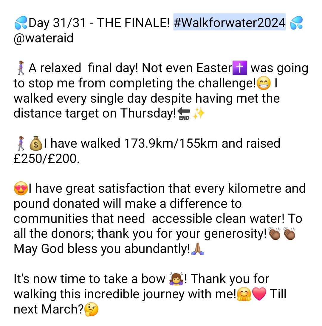 songacommspr's tweet photo. 💦Day 31/31  #Walkforwater2024  for @WaterAidUK 💦

I am full of gratitude! Thank you !👏🏾🙏🏽❤️

#WaterAid #Accesstocleanwater #Cleanwater #Cleanwaterisahumanright https://t.co/bM0aIcURJ0