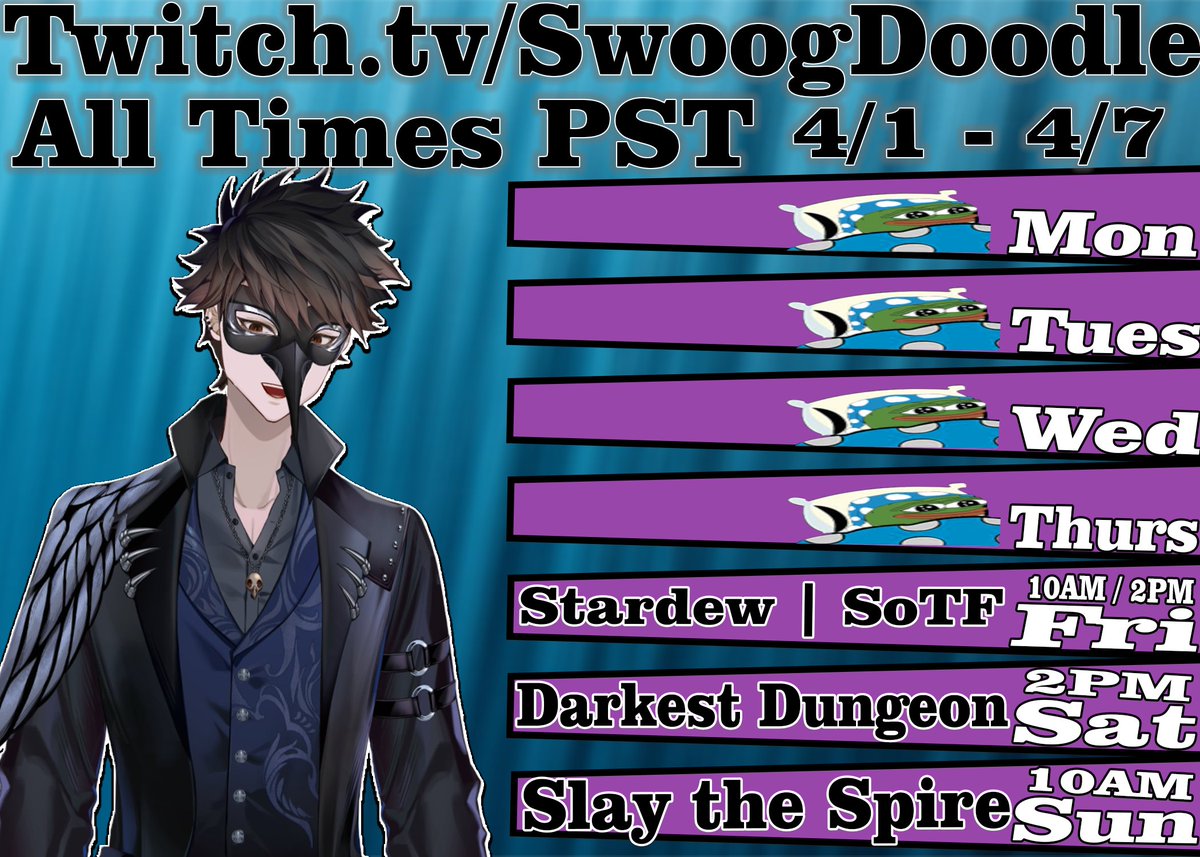 SwoogD's tweet photo. Another week, another chance to make poor decisions. 
Cheers to the fella @AnzuMikazuki for starting a farm with me.
Also @hornsofnowhere and @Klynn_vt for tricking chat into thinking people like me (they don't)

See you nerds there!
#Vtuber #VtuberEN #VTuberUprising https://t.co/UgQV9eDX2s