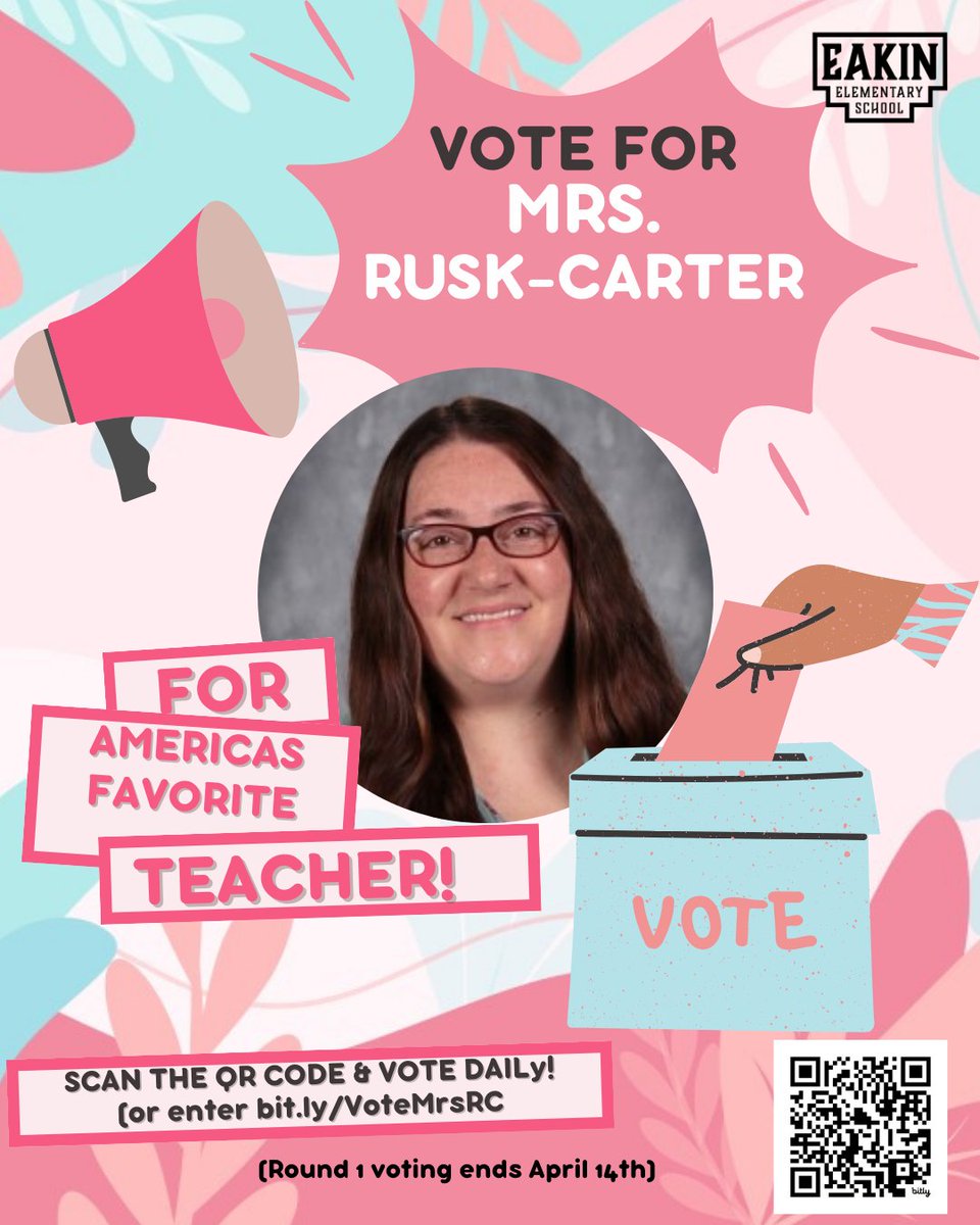 Our beloved kindergarten teacher, Ms. Rusk-Carter, is up for America's Favorite Teacher! Click bit.ly/VoteMrsRC or scan the QR code to vote. You can vote once per day until it closes on April 14th

#EakinProud