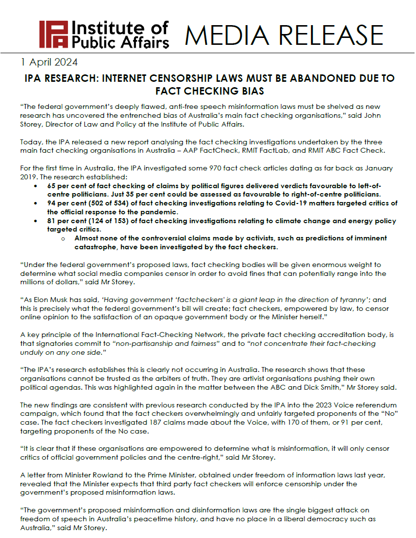 TheIPA's tweet photo. New research shows Australia’s so-called ‘fact checkers’ are biased, activist organisations who can’t be trusted to enforce proposed internet censorship laws.

The proposed misinformation laws are the biggest attack on freedom of speech in Australia’s peacetime history. #auspol https://t.co/QAobYq5SGI