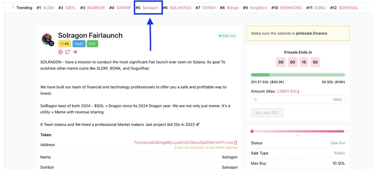 SOLRAGON_'s tweet photo. 250 SOL raised by $SOLRAGON fam and we are trending #5 on PinkSale

Last 15 min to go! Don't miss this great opportunity

https://t.co/JqupDUF44G https://t.co/UOyhvr1gzJ