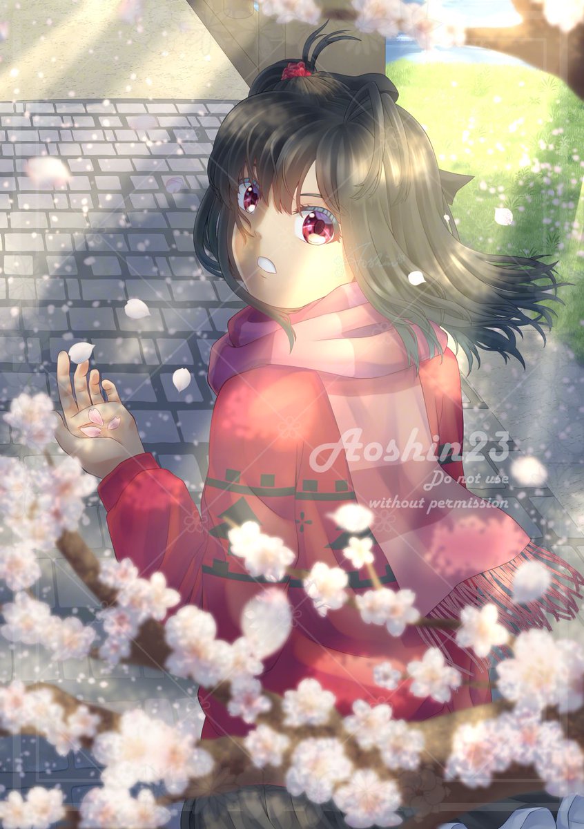 "Ah, it's spring again.
The flowers have bloomed in various vibrant colors yet again.
I wonder if I have become something like that.
I don't know, but I feel like I have a long way to go before I can be considered as 'fully bloomed', whatever that means..."
#イラスト　#桜の日