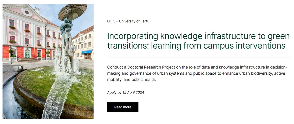 Aveliina Helm (@aveliina) on Twitter photo With <a href="/agepoom/">Age Poom 💙💛</a>, myself, and others, you can explore how (and whether?) green initiatives taken by universities can be transferred into larger-scale interventions in cities. Apply for PhD position <a href="/unitartu/">University of Tartu</a> by 15.04. Read more: mobilitylab.ut.ee/projects/sunse…
<a href="/DNSUNSET/">SUNSET Doctoral Network</a> With <a href="/agepoom/">Age Poom 💙💛</a>, myself, and others, you can explore how (and whether?) green initiatives taken by universities can be transferred into larger-scale interventions in cities. Apply for PhD position <a href="/unitartu/">University of Tartu</a> by 15.04. Read more: mobilitylab.ut.ee/projects/sunse…
<a href="/DNSUNSET/">SUNSET Doctoral Network</a>