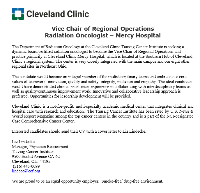 Board certified radiation oncologists interested in a leadership position as Vice Chair for Regional Operations <a href="/CleClinicMD/">Cleveland Clinic MD</a> and staff position at Mercy Hospital in Canton, Ohio @CantonMercy are encouraged to apply. #radonc #CleClinicCancer