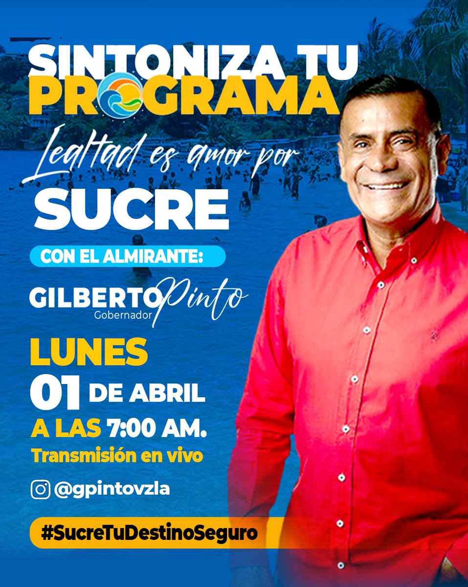 Sintoniza este lunes #01Abr tu programa Lealtad es Amor por Sucre, conducido por el gobernador del estado Sucre, Almirante @GPintoVzla a través de la red de emisoras regionales y redes sociales. 

Interactúa con la etiqueta #SucreTuDestinoSeguro 

#VenezuelaPotenciaDePaz