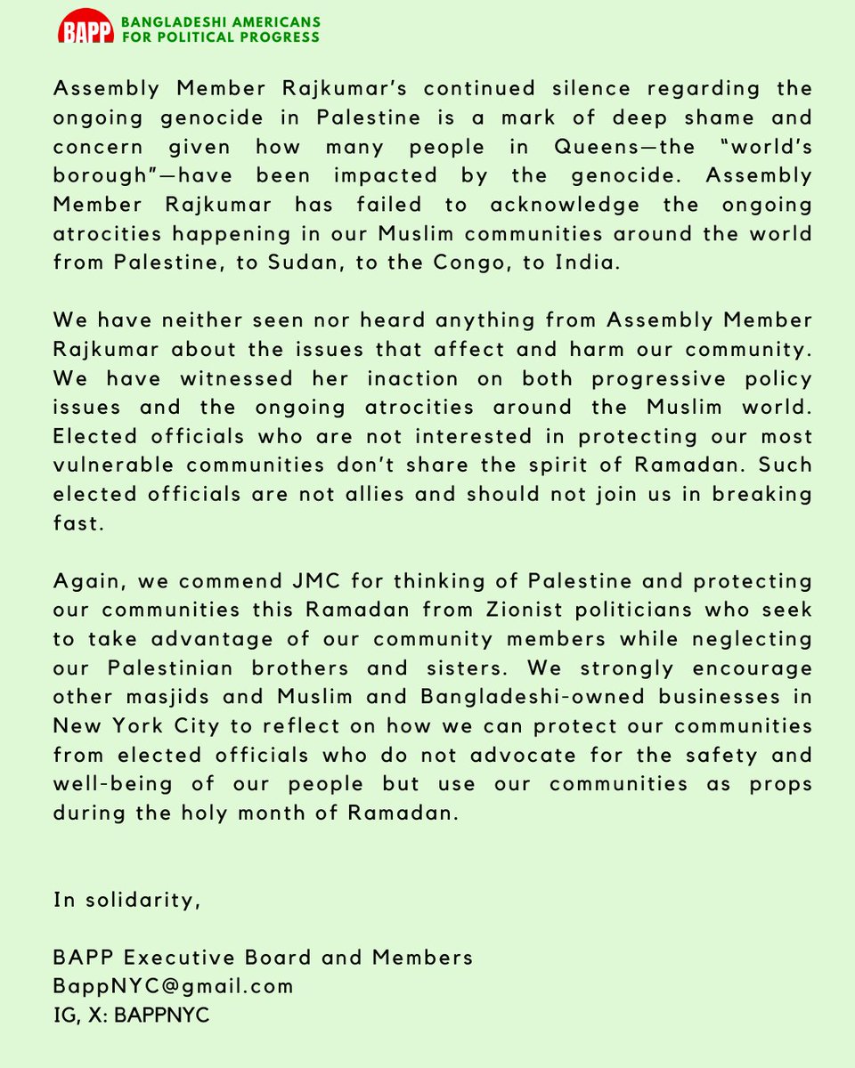BAPPnyc's tweet photo. Read our latest statement on Assembly Member Jenifer Rajkumar's visit to Jamaica Muslim Center on her "Ramadan Iftar Tour" https://t.co/wBjX2Sb07o