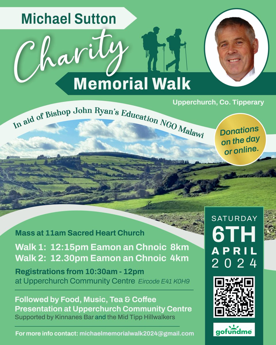 If free next Sat come along to this charity memorial walk in memory of my uncle Mick Sutton who passed away in Nov 2020. Mick organised many charity fundraising walks over the years. Funds raised are going towards schools in Malawi. Alternatively donate; gofundme.com/f/josie-phelan…