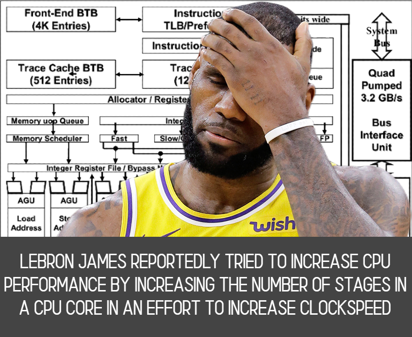 wowpople's tweet photo. NOOOOOO POOKIE BEAR KING JAMES ITS NOT GOING TO ACTUALLY INCREASE CLOCKSPEED BY ENOUGH TO COUNTERACT THE DECREASE IN IPC https://t.co/nSxzdmaZrl