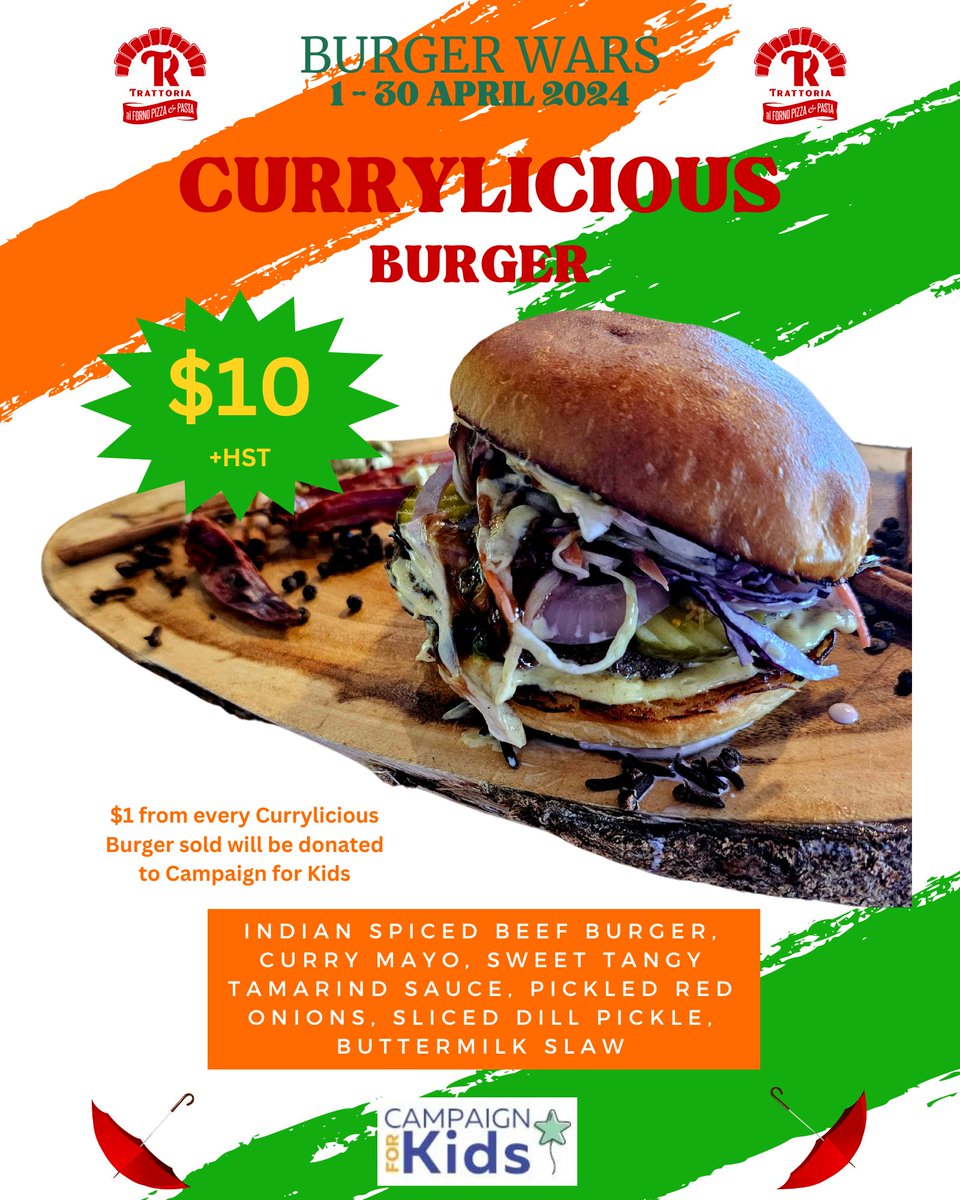 TRTrattoria's tweet photo. It's no April Fool's Joke, Burger Wars for Campaign for Kids starts tomorrow! Our contender, the Currylicious Burger. A twist on Indian flavours.

#burgerwars #campaignforkids #curryliciousburger #indianflavours #wolfville #wh#wheninwolfville❤️ https://t.co/HxkxL4UThg