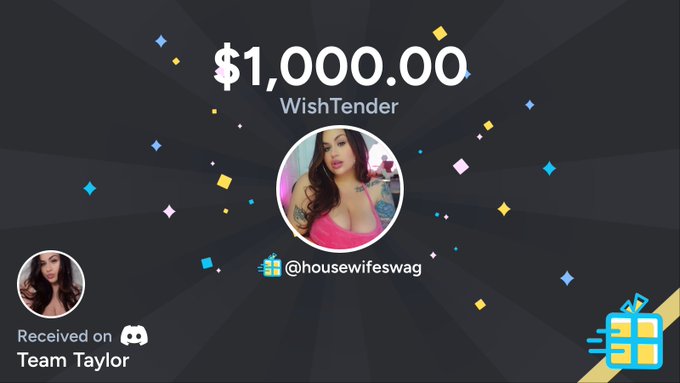 "Taylor's Silver" just bought a gift off housewifeswag's wishlist worth $1,000.00 on Discord in Team