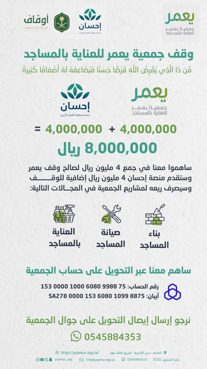 استفتح خير ليالي السنة
بصدقة تقدمها في خدمة بيوت الله عزوجل عبر وقف يعمر 🌱

ضمن مشروع: #صندوق_إحسان_الوقفي
وهو صندوق استثماري وقفي مطروح طرحًا عامًا تابعًا لمنصة إحسان ، ويهدف الصندوق إلى توفير الاستدامة المالية للجمعيات الخيرية ؛ وستشارك جمعية يعمر للعناية بالمساجد بمبلغ