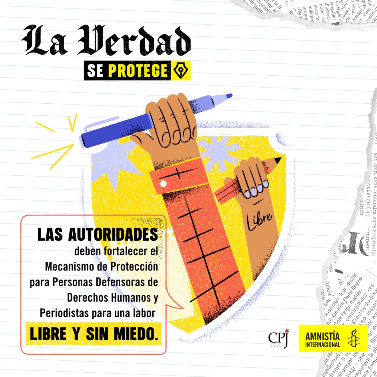 #Mexico Para un #PeriodismoLibreySeguro se lanzó la campaña #LaVerdadSeProtege con el Informe “Nadie garantiza mi seguridad:la urgente necesidad de fortalecer las políticas federales de protección de periodistas en México” con @CPJAmericas✊🏽 Léelo aquí👉🏽amnesty.org/es/documents/A…