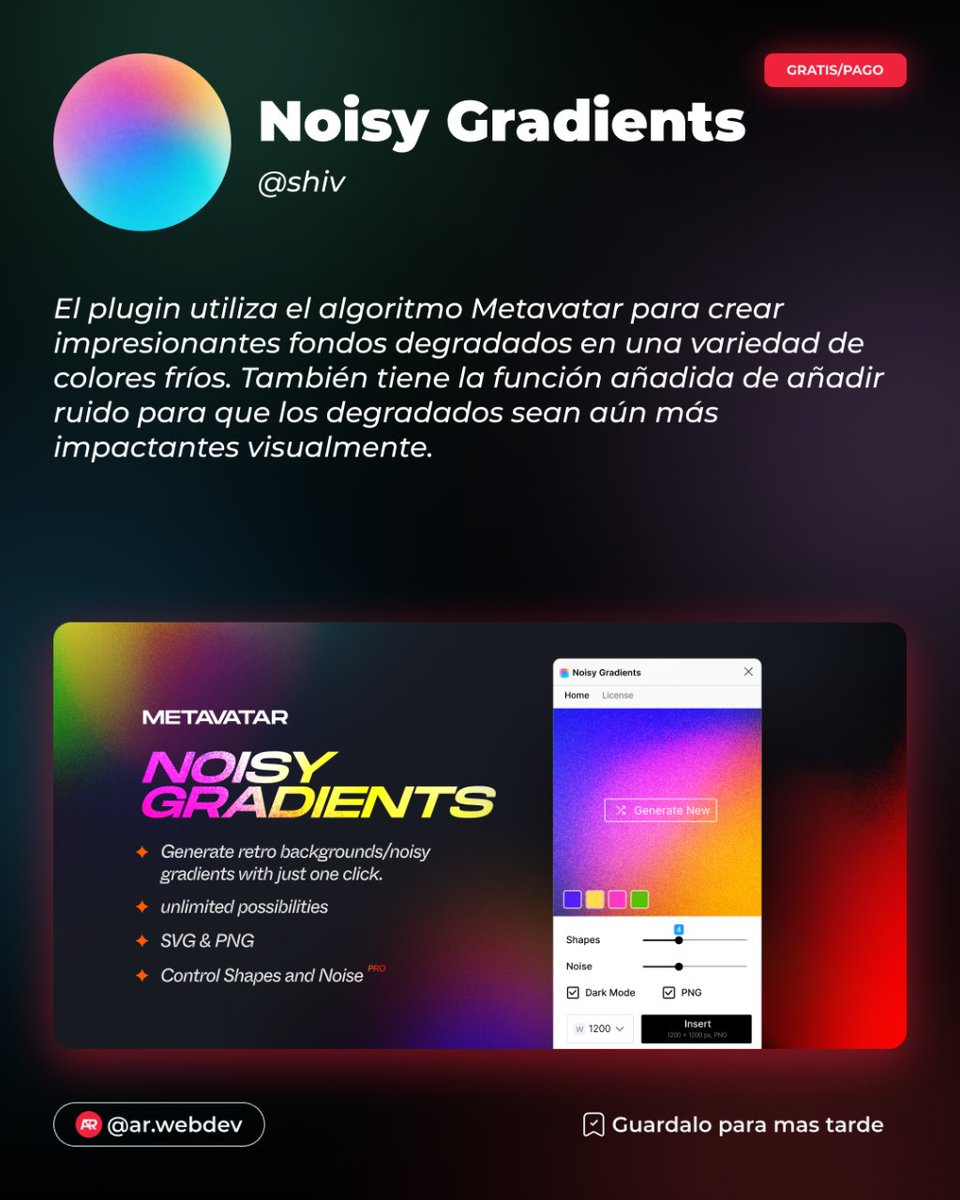 arwebdev's tweet photo. Noisy Gradients
El plugin utiliza el algoritmo Metavatar para crear impresionantes fondos degradados en una variedad de colores fríos. También tiene la función añadida de añadir ruido para que los degradados sean aún más impactantes visualmente.

Plugin 👇
https://t.co/eCSxFbYHtr https://t.co/Vz4fqqsT7u