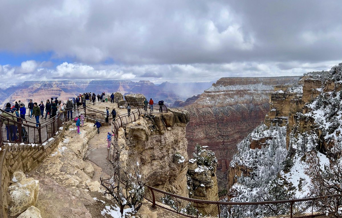 The view from Mather Point at 11:25 am - Sunday, March 31, 2024, as the storm is moving away. Snow showers will continue into Monday but will be more scattered in nature. Grand Canyon National Park road info and weather forecast > go.nps.gov/06 (15438) #AZWX #Arizona