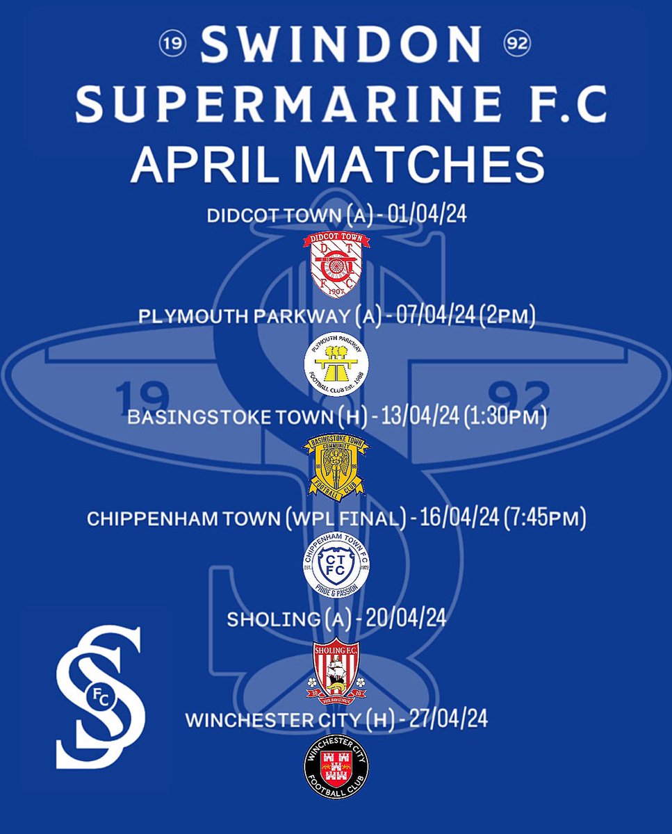 📆 DATES FOR APRIL 📆 The final month of the season is upon us. 5 league games and one cup final to squeeze in this month, as we battle for survival in the Southern Football League. We start off tomorrow, against Didcot Town. #swindonsupermarine #ssfc31