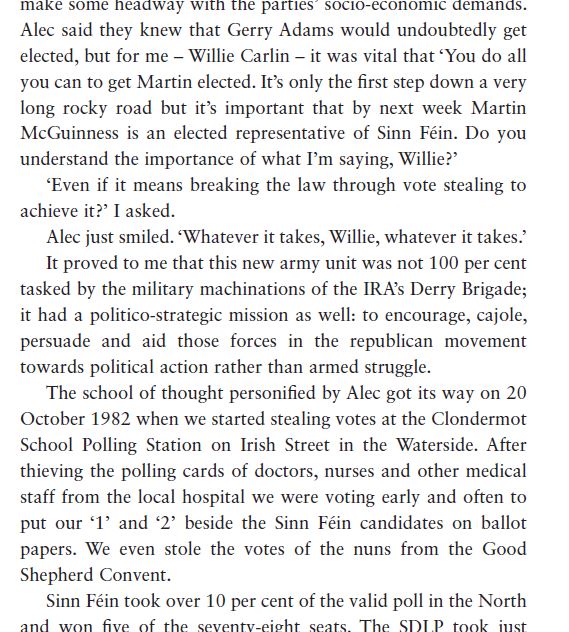 Lots of republicans asking (some even in good faith) how MI5 helped McGuinness. Here's just one example, from the book of MI5's key Derry agent (that we know of), Willie Carlin. As I write, this doesn't prove that he informed - but it's very different to what was once thought.
