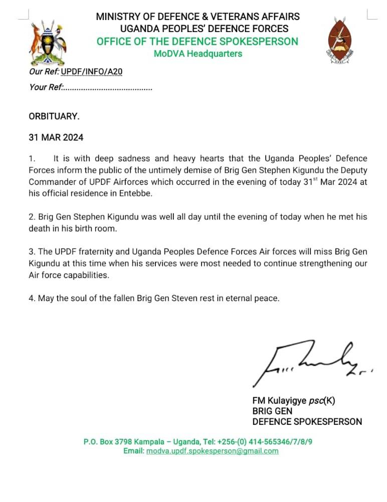 BMKGiftSnr1's tweet photo. Deputy Chief of Airforce [UPDF] 
Brig. Stephen Kigundu has passed on after falling in a bathroom

RIP 🙏 https://t.co/X9cpfKqoAU