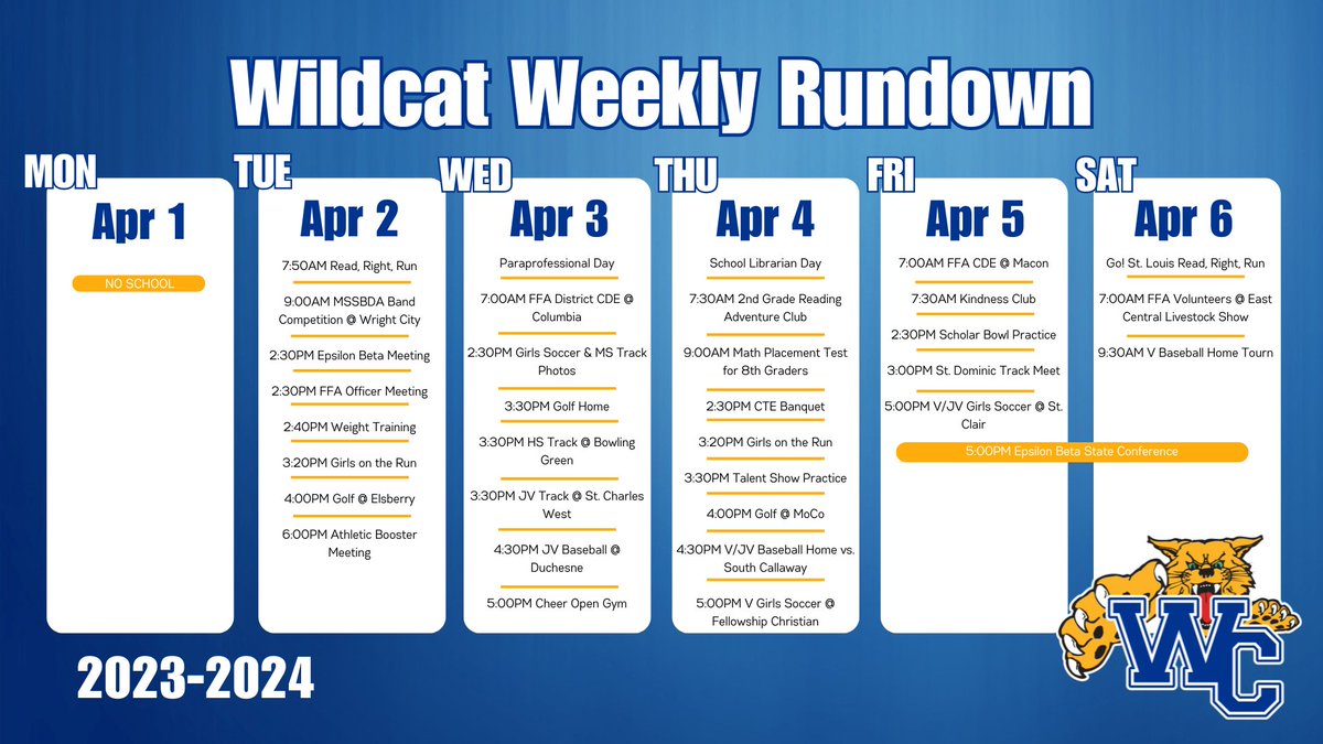 Hey Wildcats! 👋We can't wait to see everyone back on Tuesday 4/2 to start our jam-packed week of learning, fun, and Wildcat spirit! #wildcatstrong