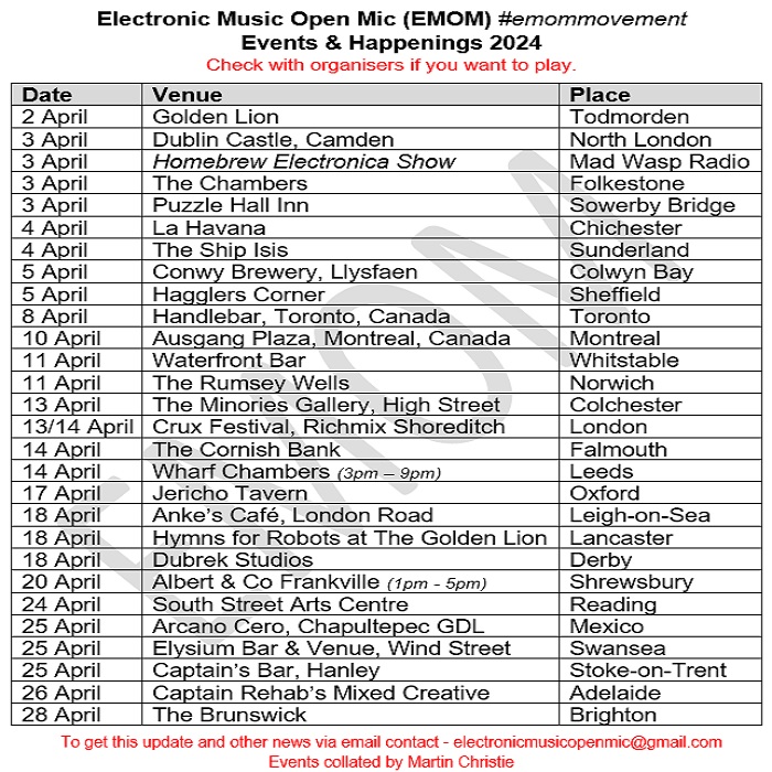 EMOM dates for April 2024 @GoldenLionTod @DublinCastle @ShowHomebrew @puzzlehallinn @Ship_isis_ @ConwyBrewery @HagglersCorner @Handlebar_TO @TheRumsey @RichMixLondon @WharfChambersCC @TheJerichoTav @GoldenLionLanc1 @dubrek @albertcofrank @ElysiumBar @Brunswickpub #emommovement