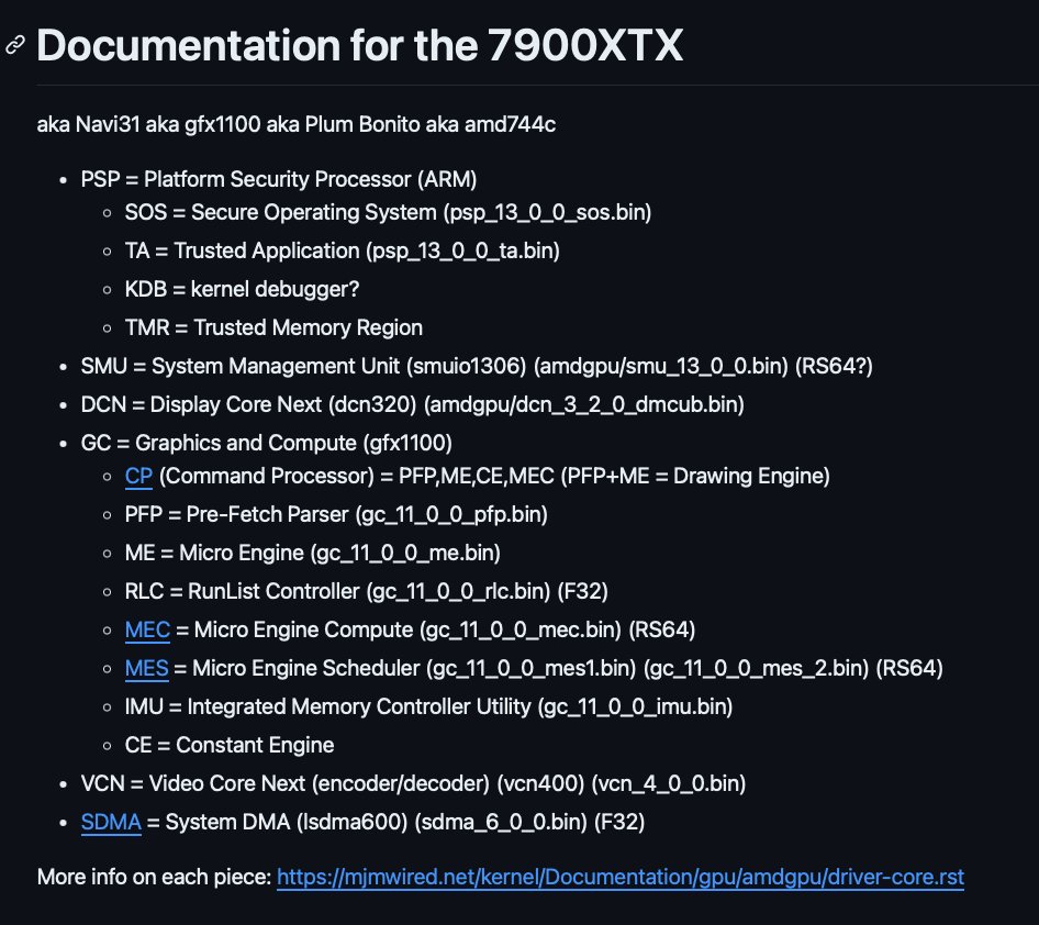 Started documenting the AMD 7900XTX, PRs welcome. github.com/geohot/7900xtx