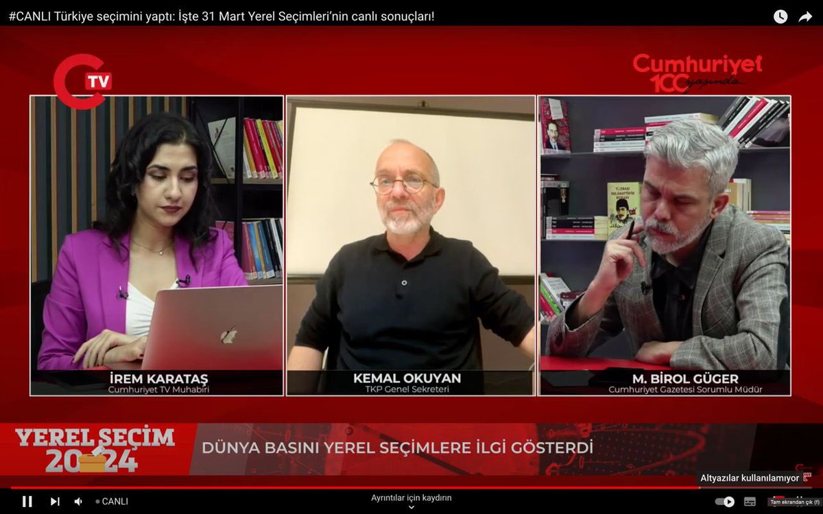 TKP Genel Sekreteri Kemal Okuyan CumhuriyetTV canlı yayın konuğuydu.

Seçimlerle ilgili değerlendirmelerde bulunan Okuyan: “Bu sonucu Türkiye’de siyasetle ilgilenen pek az kişi tahmin edebildi. Sokakta da hissedilmeyen bir sonuç. Çok tansiyonu ve heyecanı düşük bir seçim