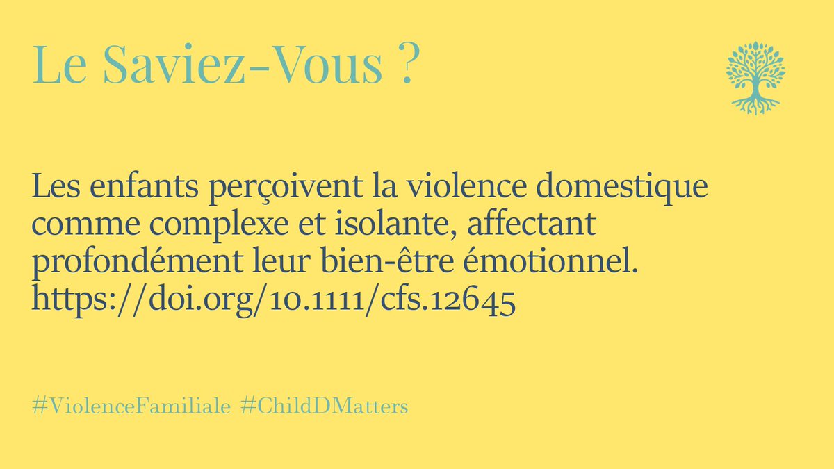 Les enfants perçoivent la violence domestique comme complexe et isolante, affectant profondément leur bien-être émotionnel. doi.org/10.1111/cfs.12… #ViolenceFamiliale #ChildDMatters 6/10