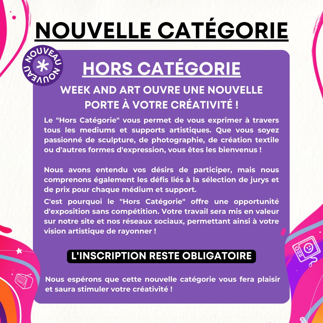 La quatrième édition du #Weekandart est lancée sur <a href="/TwitchFR/">Twitch FR</a> !
Un grand merci à notre marraine <a href="/LittleBigWhale/">Marianne</a> qui nous a fait confiance pour cette année ❤️
Vous pouvez vous inscrire dès maintenant ! Toutes les informations sont sur le site weekandart.com ✨
