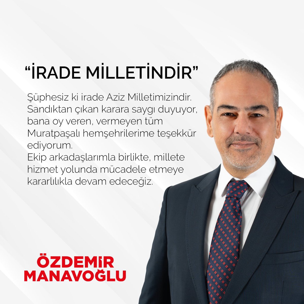 oManavoglu07's tweet photo. Şüphesiz ki irade Aziz Milletimizindir. Sandıktan çıkan karara saygı duyuyor, bana oy veren, vermeyen tüm Muratpaşalı hemşehrilerime teşekkür ediyorum. 
Ekip arkadaşlarımla birlikte, millete hizmet yolunda mücadele etmeye kararlılıkla devam edeceğiz. https://t.co/4hIFqqaNPh