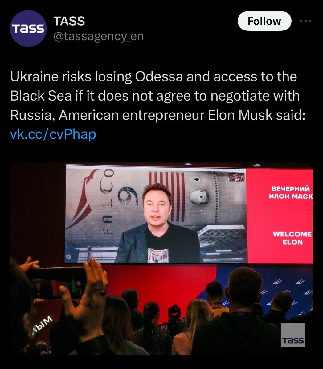 Well, there you have it. The ruscist (russian fascist) propaganda machine has incorporated your message @elonmusk. A proud moment for you, ain’t it?