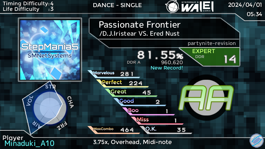 Minaduki_A10's tweet photo. StepManiaで「Passionate Frontier」をプレイしました！ スコア：81.55% #SMResult

ああ、partyniteが帰ってきたんだなって
そんな曲 https://t.co/23N51WUYqx