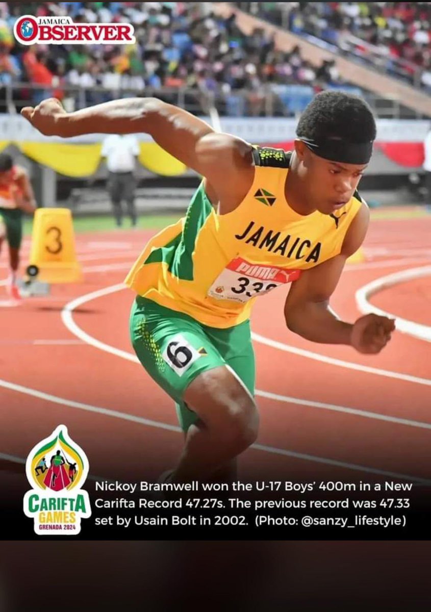 Excellent run from Nickoy Bramwell who set a new Carifta 400m U-17 record of 47.27 which was previously set by Usain in 2002. 🇯🇲🇯🇲🇯🇲 #TeamJamaica